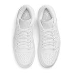Overhead view of both Air Jordan 1 Low sneakers showing the adjustable lace-up closure, perforated toe box, and branded tongue labels.
