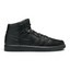Highlights the high-velocity sweep of the classic leather Jordan Swoosh, showing the professional panel stitching of the real black leather overlays, the crisp stamped debossing of the Air Jordan Wings logo on the ankle collar panel, and the solid matte black finish of the rubber midsole wall.