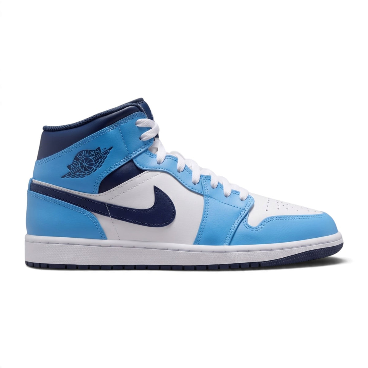 Side profile of the Air Jordan 1 Mid in University Blue, White, and Midnight Navy showing leather upper, side Swoosh, and rubber outsole. Main image
