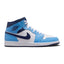 Side profile of the Air Jordan 1 Mid in University Blue, White, and Midnight Navy showing leather upper, side Swoosh, and rubber outsole.