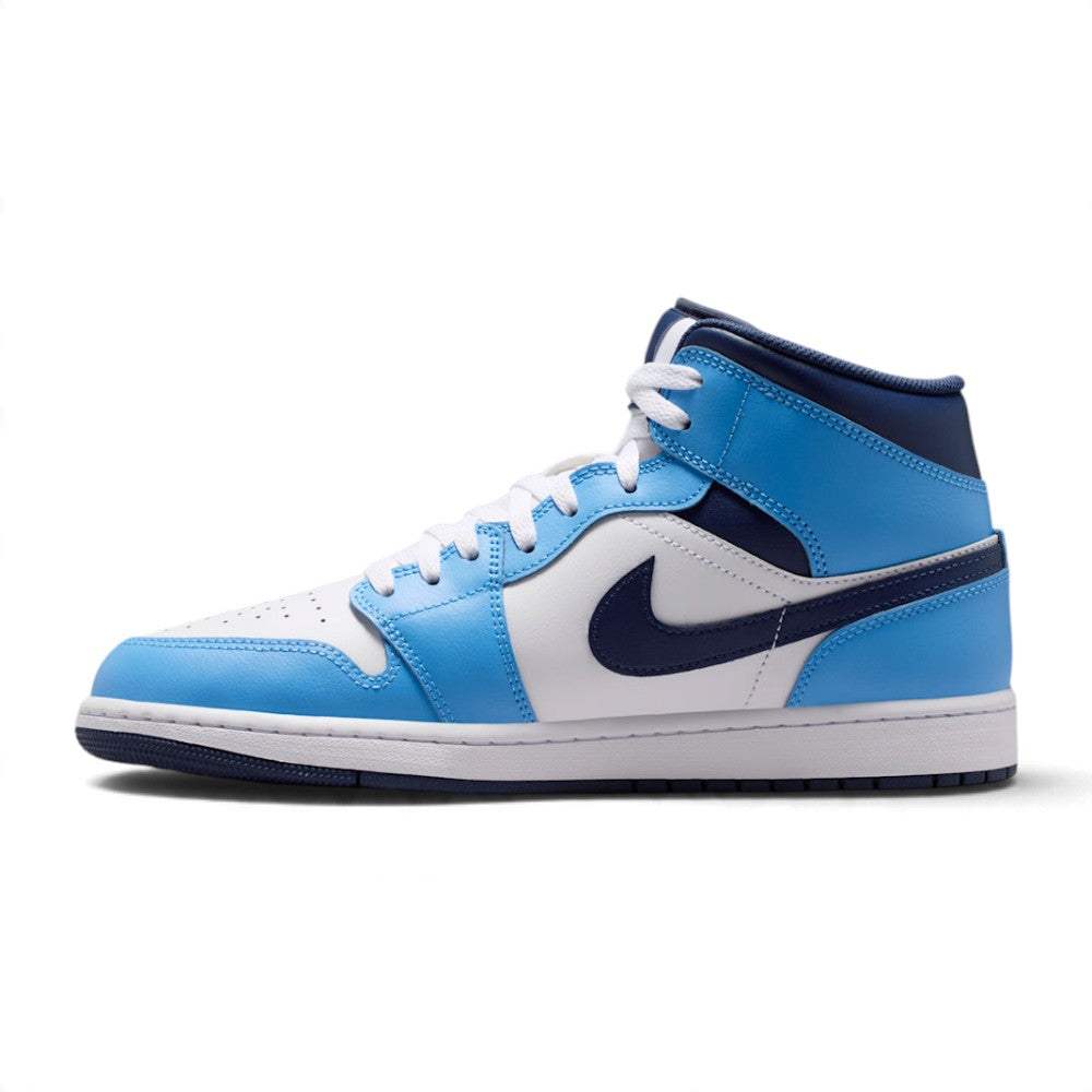 A light blue and white high-top sneaker with a navy blue Swoosh, shown in a side profile on a white background.