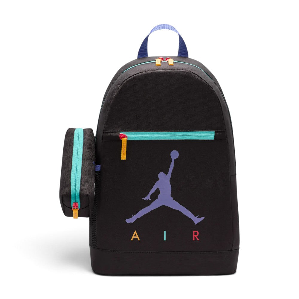 Highlights the black polyester backpack with the attached matching pencil case clipped to the side, showing the prominent purple Jumpman logo, multi-coloured "AIR" lettering, bright teal front zip track with a yellow pull tab, and purple top grab loop. Main image