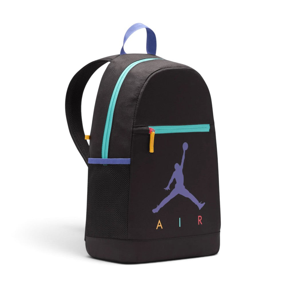Displays the side profile of the backpack, showcasing the deep main compartment zip track in vibrant teal, the black mesh water bottle side pocket trimmed with purple, and the bold front graphics.
