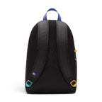 Shows the padded black mesh back panel and matching padded shoulder straps, highlighting the blue woven Jumpman tag, contrasting teal and yellow strap adjustment buckles, and the purple top webbing loop.