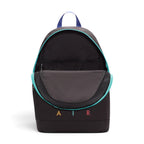 Focuses on the spacious main storage cavity opened wide via the teal double-zip track, displaying the internal slip divider pocket and black interior lining.