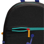 Details the micro-precision of the front pocket zip enclosure, showing the bright teal zip teeth, red slider, woven yellow pull tag, and the top section of the purple Jumpman printed graphic.