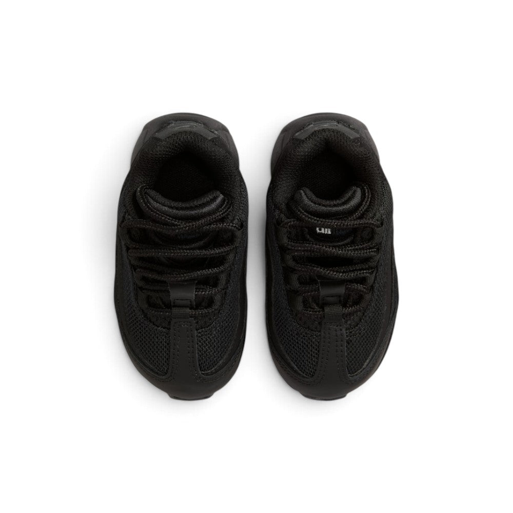 Focuses on the locked-in central lacing layout, displaying the round black laces, ribbed nylon eyestay webbing loops, dark mesh tongue overlays with "airmax" oval badges, and padded black collars.