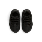 Focuses on the locked-in central lacing layout, displaying the round black laces, ribbed nylon eyestay webbing loops, dark mesh tongue overlays with "airmax" oval badges, and padded black collars.