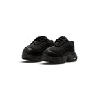 Emphasising the sturdy, structured three-quarter stance of the toddler shoes and the clean textural contrast between the smooth leather side waves, breathable mesh, and thick foam midsole.