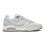 Highlights the lateral profile showing the Pure Platinum upper mesh, off-white suede toe mudguard, light grey leather midfoot overlay with matching Swoosh, debossed "AIR MAX" quarter text, and a visible Max Air heel window.