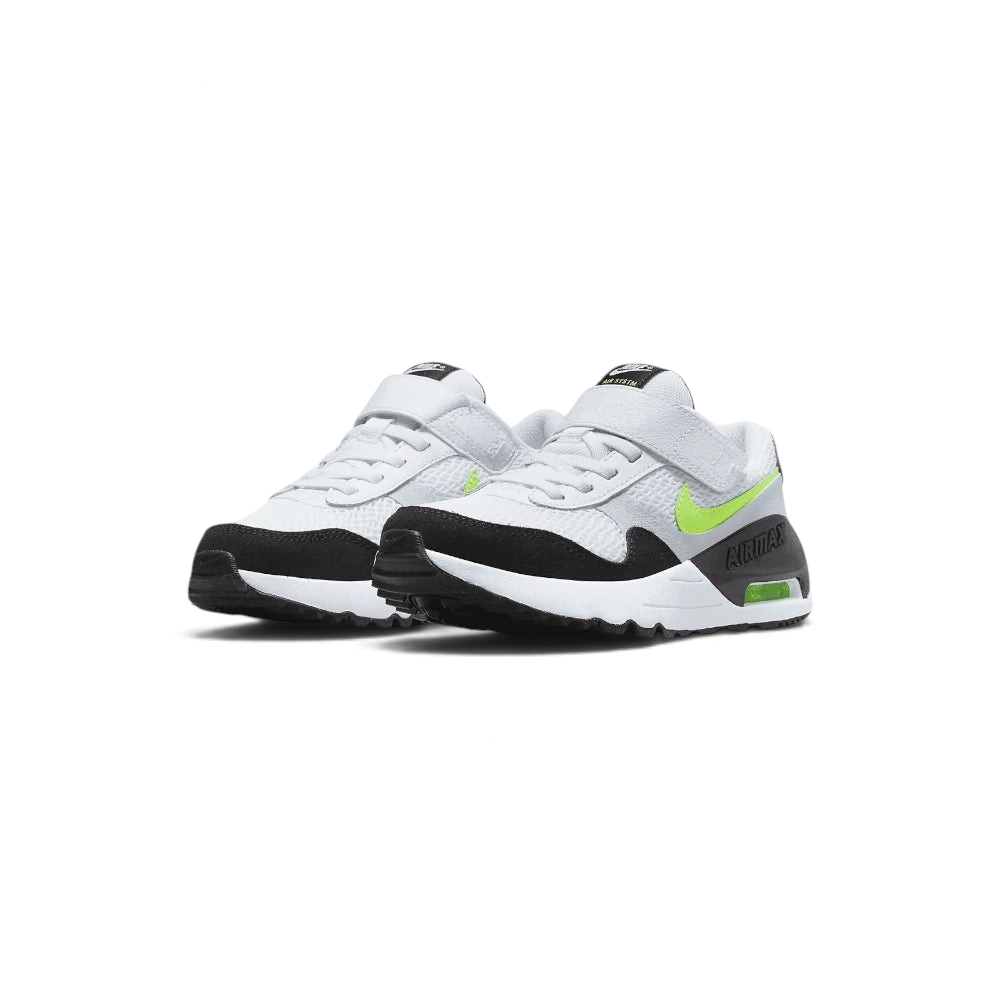 Emphasising the bold, forward-leaning athletic stance of the trainers and the professional harmony of the layered white, platinum, and neon volt paneling.