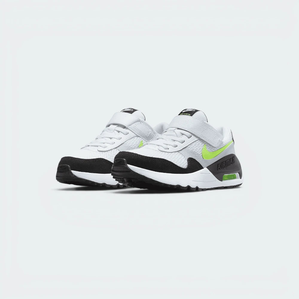Emphasising the bold, forward-leaning athletic stance of the trainers and the professional harmony of the layered white, platinum, and neon volt paneling.