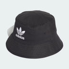 The Black Trefoil Bucket Hat, highlighting the downward-sloping brim and the reinforced stitching around the crown.