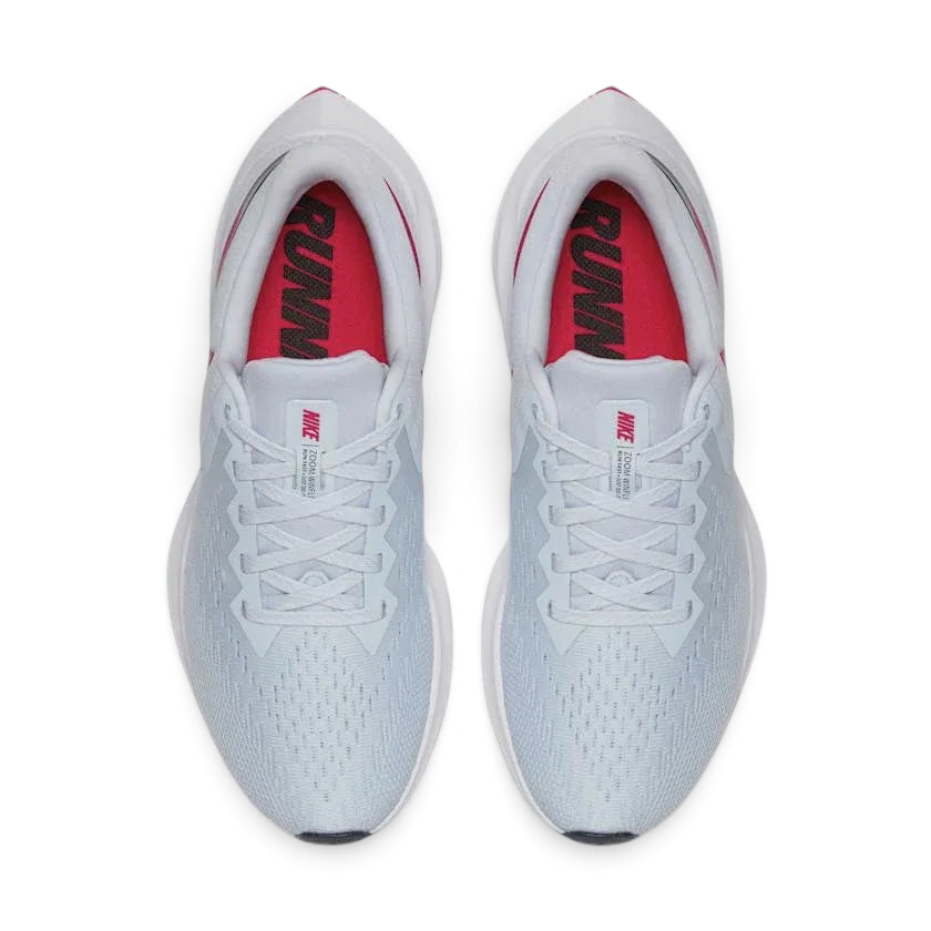 Top-down view of a pair of Nike Zoom Winflo 6 Women's running trainers in blue, highlighting their streamlined silhouette and lace-up closure.