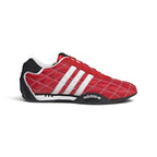 Studio lateral shot of the adidas Adi Racer Lo shoes in Better Scarlet, Cloud White, and Core Black, highlighting the low-profile nylon upper, double cross stitching, white serrated three-stripes, reflective piping, and slim rubber sole.