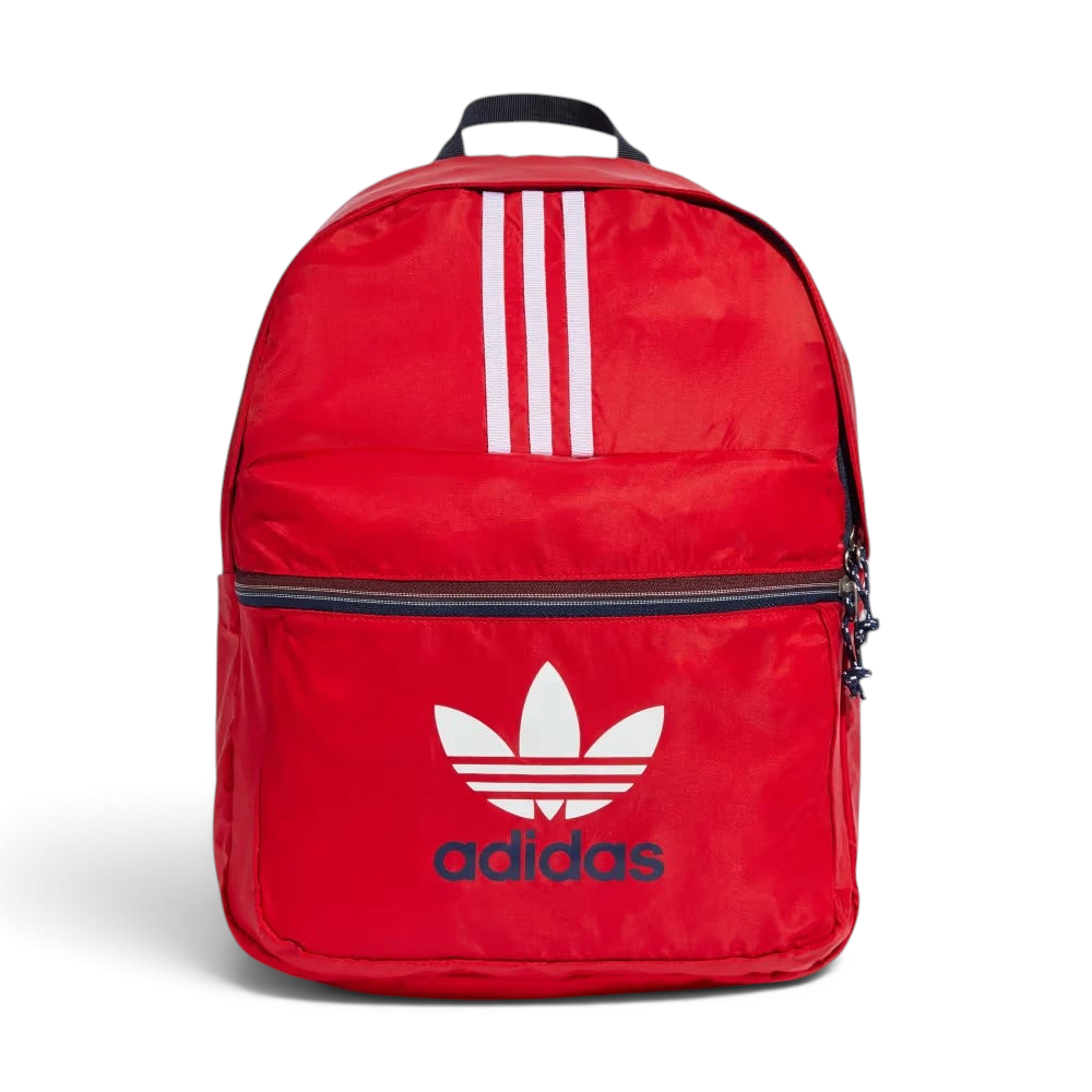 Highlights the high-velocity sweep of the comfortable padded shoulder straps, showing the professional, clean texture of the Better Scarlet red nylon twill body and the clean alignment of the white 3-Stripes tracking down the side. Main image