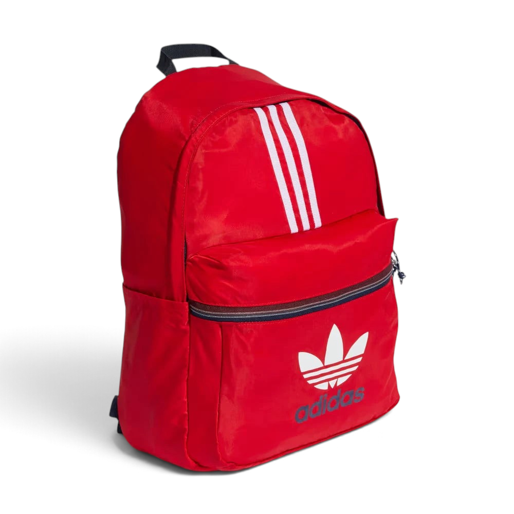 Focuses on the full front profile, showcasing the sharp contrast of the large white printed retro Trefoil logo and the classic 3-Stripes against the vibrant Better Scarlet background canvas.