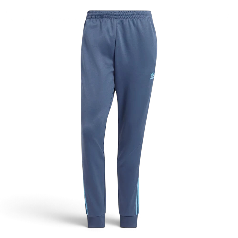 Highlights the high-velocity sweep of the Preloved Ink navy 3-Stripes running flawlessly down the professional, electric depth of the Semi Blue Burst leg panels.