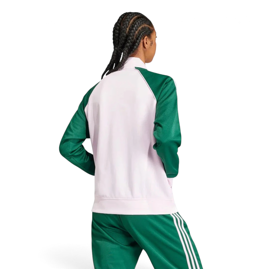 Adidas Adicolor Classics Loose Superstar Track Jacket Women's in clear pink, back view showcasing the oversized design lines and classic three stripes on the sleeves.