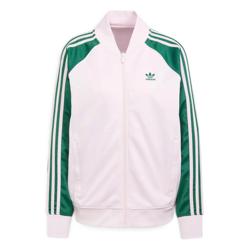 Adidas Adicolor Classics Loose Superstar Track Jacket Women's in clear pink, front view showing the loose fit, full zip, ribbed bomber collar, and embroidered Trefoil logo.