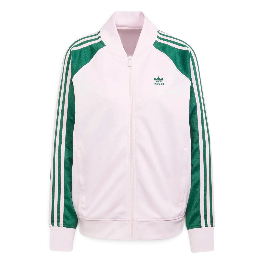 Adidas Adicolor Classics Loose Superstar Track Jacket Women's in clear pink, front view showing the loose fit, full zip, ribbed bomber collar, and embroidered Trefoil logo.