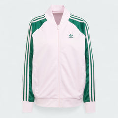 Adidas Adicolor Classics Loose Superstar Track Jacket Women's in clear pink, front view showing the loose fit, full zip, ribbed bomber collar, and embroidered Trefoil logo.