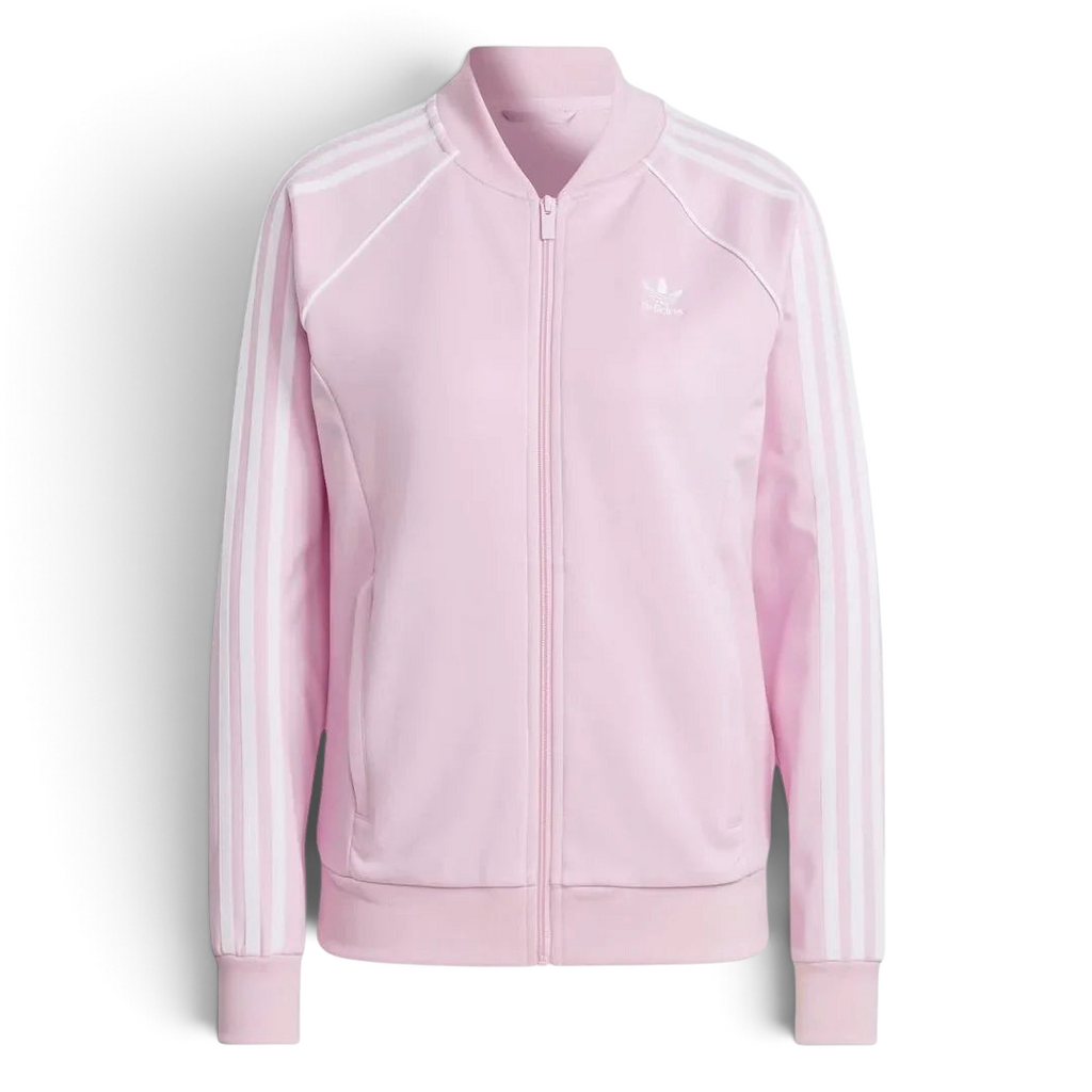 Adidas Adicolor Classics Superstar Track Jacket in orchid fusion pink, front view showing full zip, stand-up collar, white 3-Stripes on sleeves, and embroidered Trefoil logo.