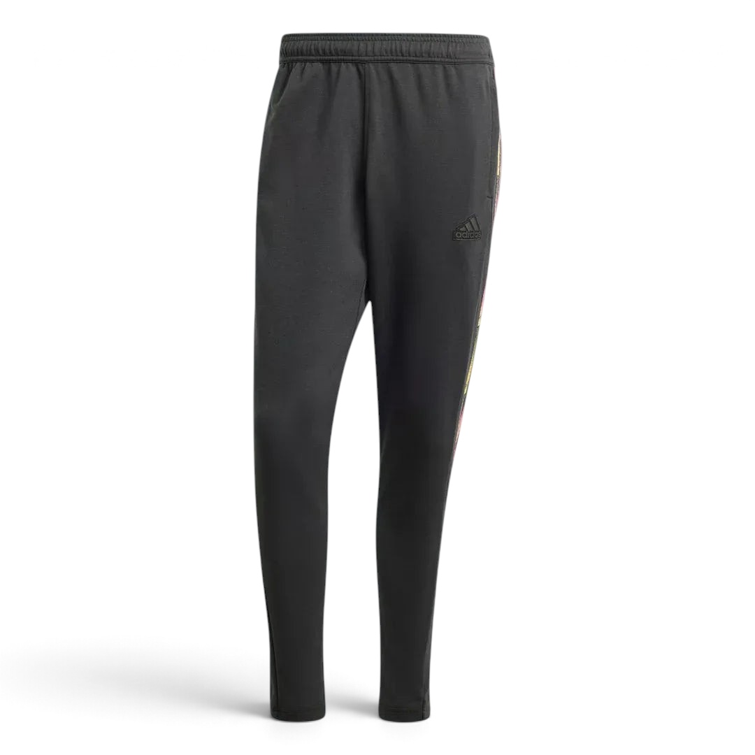 Adidas Tiro Running Track Pants in black, front view showing the tapered leg, elastic drawcord waist, and front zip pockets.