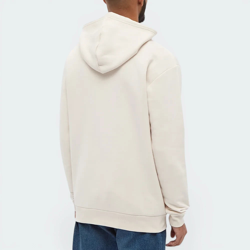 Focuses on the clean, unadorned back panel of the hoodie, highlighting the smooth canvas of the fleece and the consistent, rich tone of the premium ecru dye.