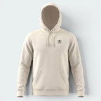 Focuses on the clean symmetry of the flat-laid pullover, displaying the perfect layout of the crossover hood opening, the centered positioning of the embroidered Trefoil logo, and the wide entry points of the kangaroo pocket.