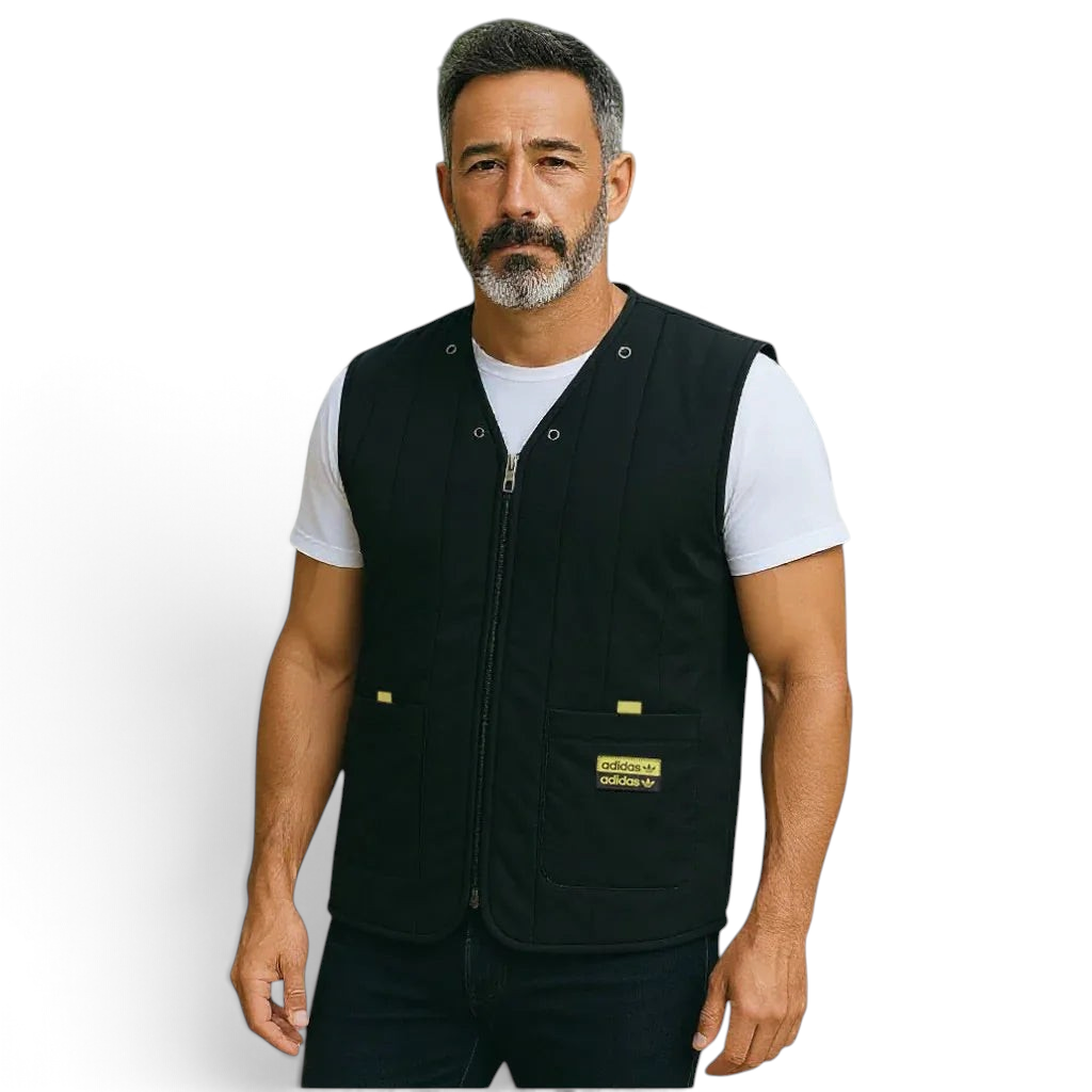Trade Sports model wearing a black Adidas R.Y.V. utility polar fleece vest with front cargo pockets and a full zip. Main image