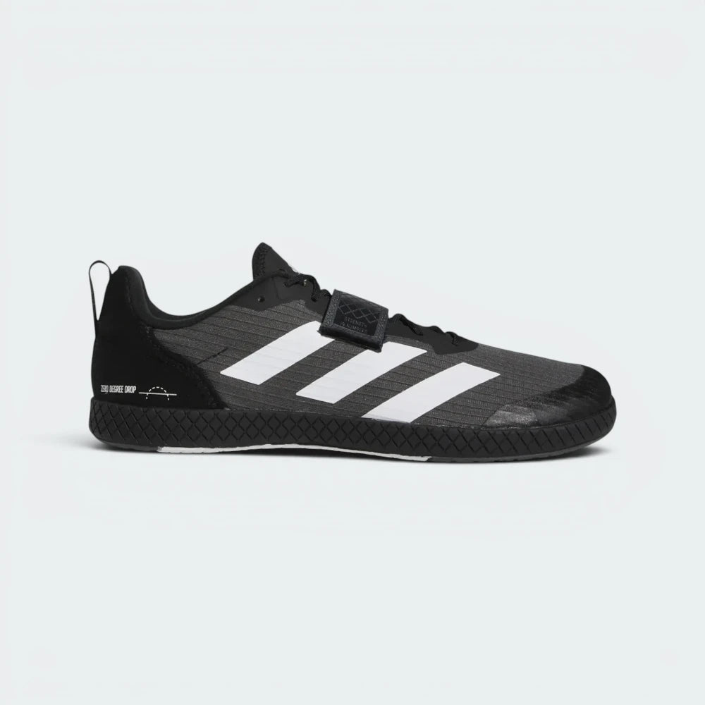 Highlights the high-velocity white adidas branding and the professional, flat profile of the zero-drop sole layout.