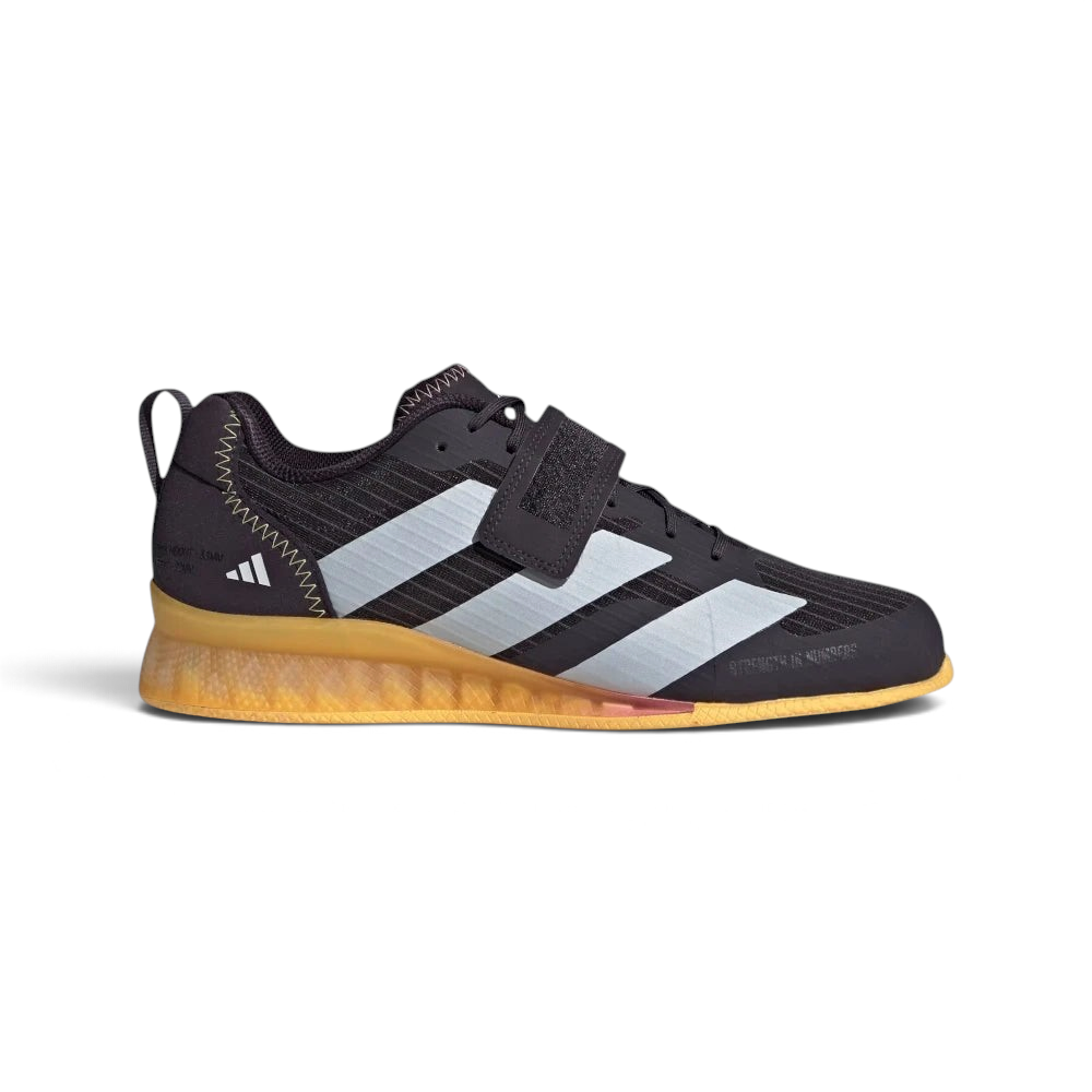 Highlights the high-velocity sweep of the Zero Metallic 3-Stripes, showing the professional, rugged texture of the Aurora Black canvas upper, the broad midfoot instep strap, and the steep structural rise of the solid 33mm heel block. Main image