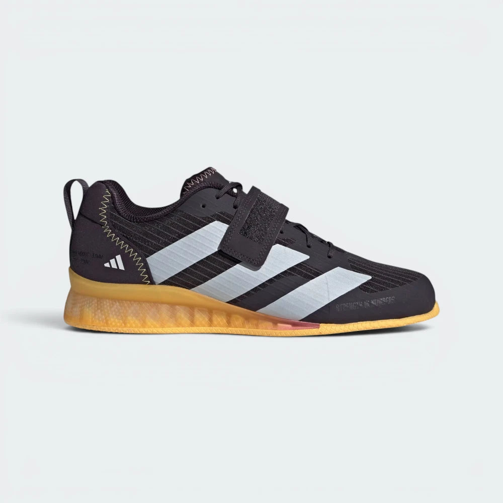 Highlights the high-velocity sweep of the Zero Metallic 3-Stripes, showing the professional, rugged texture of the Aurora Black canvas upper, the broad midfoot instep strap, and the steep structural rise of the solid 33mm heel block.