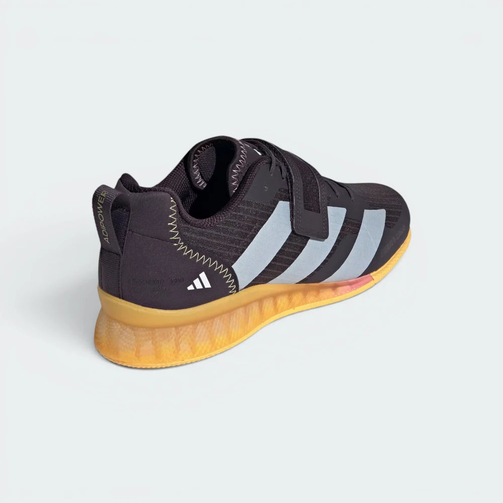 Focuses on the contoured shape of the solid rear heel cup, highlighting the wide, flared footprint engineered to distribute heavy barbell loads evenly across the floor.