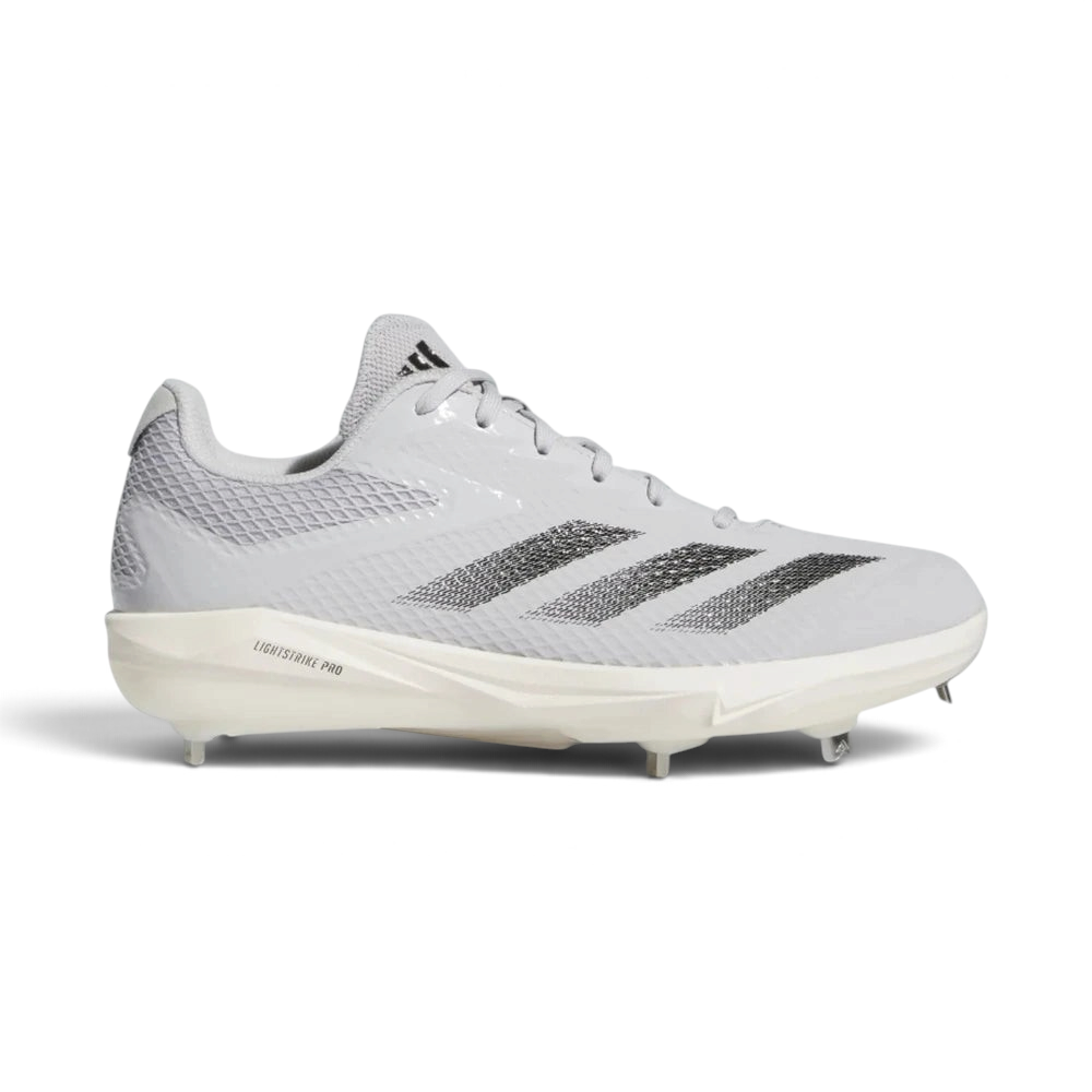 Highlights the high-velocity sweep of the Team Light Grey upper, showing the crisp execution of the Core Black 3-Stripes, the low-cut ankle collar, and the sleek profile of the cleated outsole. Main image