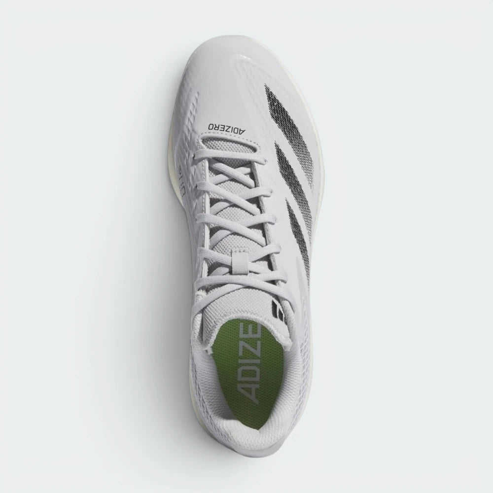 Focuses on the locked-in central lacing layout, displaying the clean symmetry of the grey mesh tongue, black laces, and the streamlined toe cap structure.