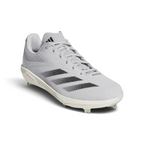Emphasising the ultra-light, forward-leaning stance of the cleats and the sharp contrast between the light grey chassis and dark black branding.