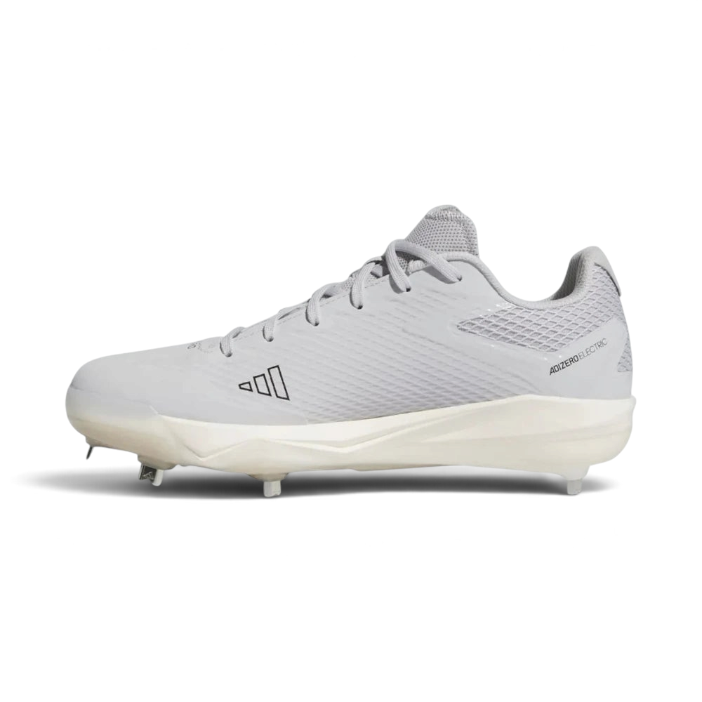 A light gray Adidas baseball cleat with white studs and a white midsole, shown in a side profile on a light gray background.