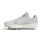 A light gray Adidas baseball cleat with white studs and a white midsole, shown in a side profile on a light gray background.