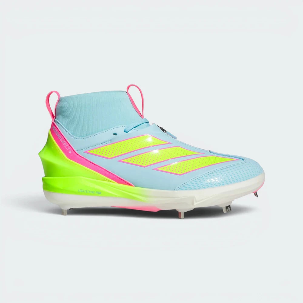 Highlights the high-velocity sweep of the Bliss Blue upper, showing the clean lines of the mid-cut bootie collar, the smooth zip closure shroud, the vibrant Lucid Lemon Lightstrike Pro midsole, and the contrast Lucid Pink 3-Stripes tracking along the side.