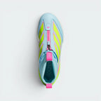 Focuses on the locked-in bootie design, displaying the smooth, aerodynamic finish of the zipped lace cover, the neon accents framing the entry collar, and the sleek symmetry of the toe cap structure.