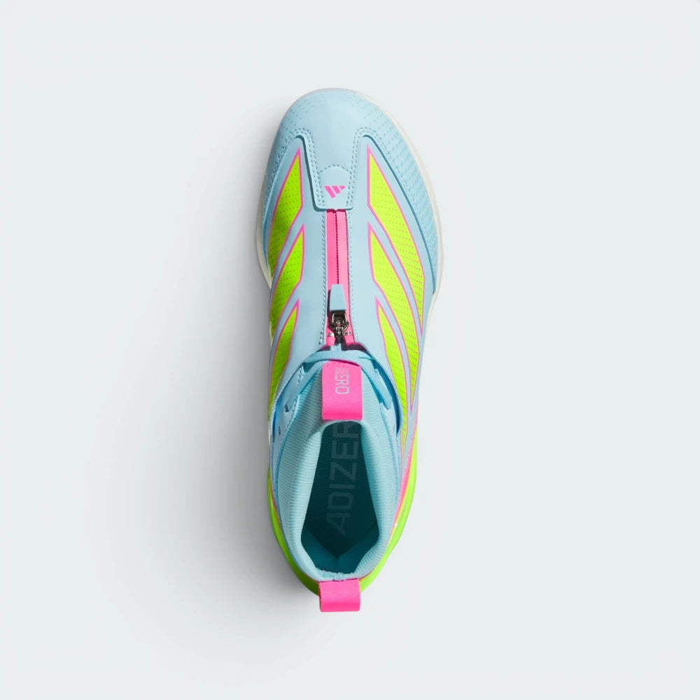 Focuses on the locked-in bootie design, displaying the smooth, aerodynamic finish of the zipped lace cover, the neon accents framing the entry collar, and the sleek symmetry of the toe cap structure.