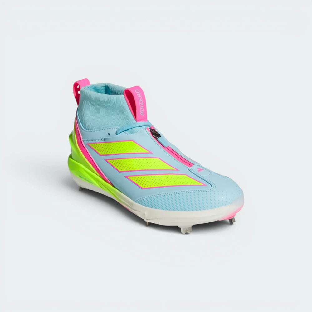 Emphasising the low-weight, forward-leaning stance of the cleats and the vibrant harmony of the Bliss Blue, Lucid Lemon, and Lucid Pink contrast panels.