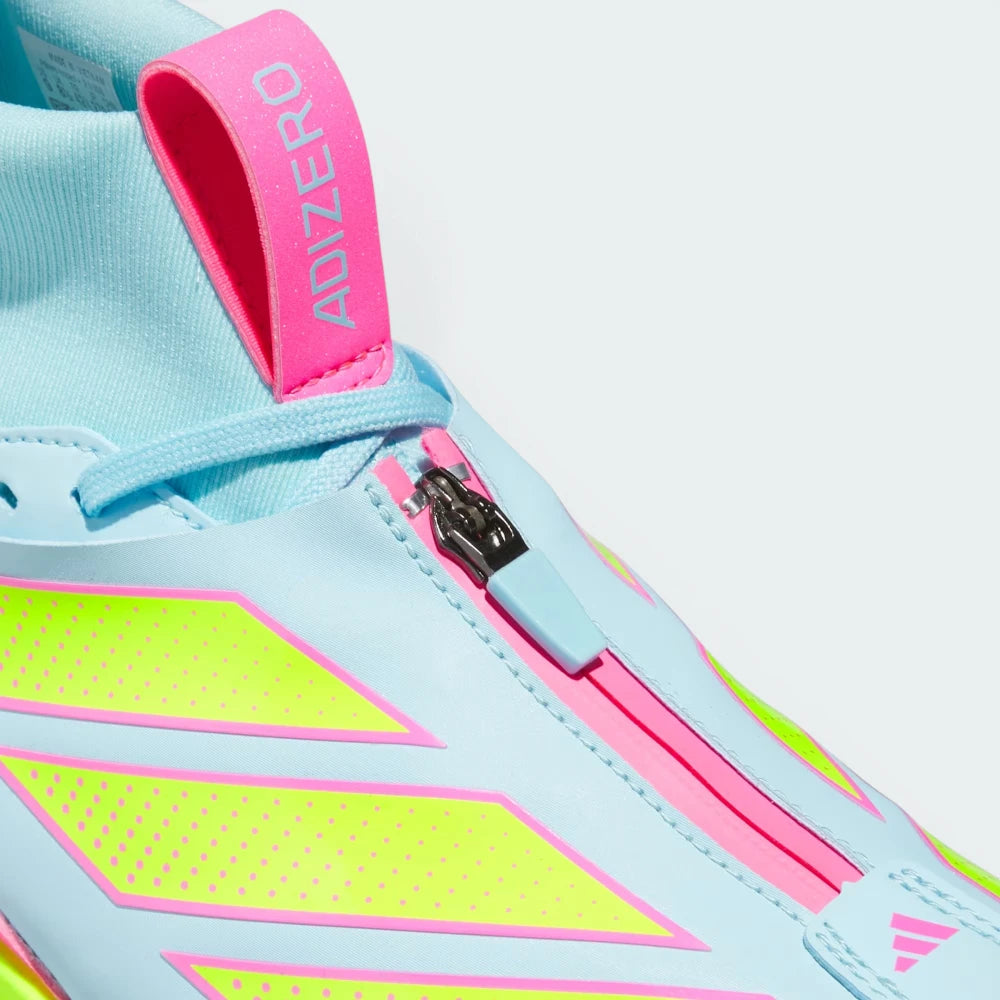Details the precision of the synthetic drag-guard wrapping the front toe tip, showing off the clean zipper track resting neatly over the lace shroud.