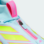 Details the precision of the synthetic drag-guard wrapping the front toe tip, showing off the clean zipper track resting neatly over the lace shroud.