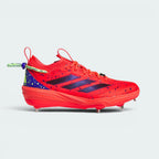 Highlights the high-velocity sweep of the iridescent trims, showing the bold Lucid Red and Lucid Blue split panels covered in Lucid Lemon paint splatter accents above the aggressive steel spikes.