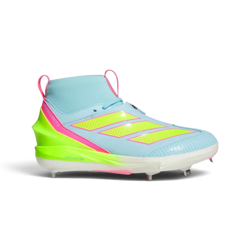 Highlights the high-velocity sweep of the Bliss Blue upper, showing the clean lines of the mid-cut bootie collar, the smooth zip closure shroud, the vibrant Lucid Lemon Lightstrike Pro midsole, and the contrast Lucid Pink 3-Stripes tracking along the side. Main image