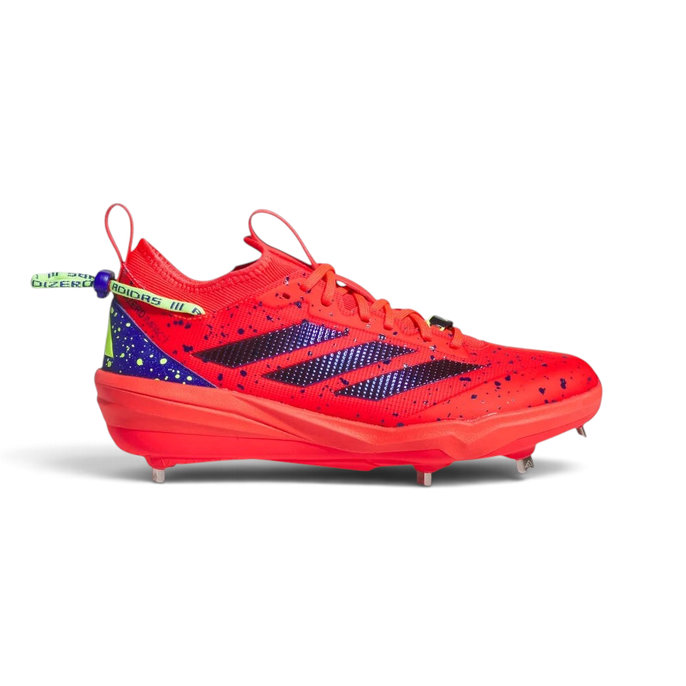 Highlights the high-velocity sweep of the iridescent trims, showing the bold Lucid Red and Lucid Blue split panels covered in Lucid Lemon paint splatter accents above the aggressive steel spikes. Main image