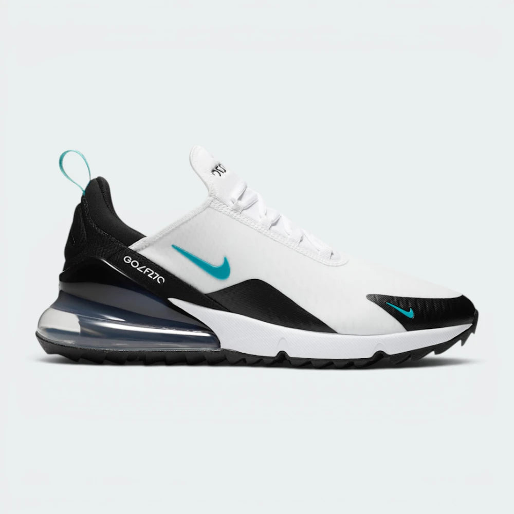 Highlights the high-velocity sweep of the clean White mesh upper, showing the professional, matte finish of the flexible overlay and the striking contrast of the large Dusty Cactus teal Max Air unit in the heel.